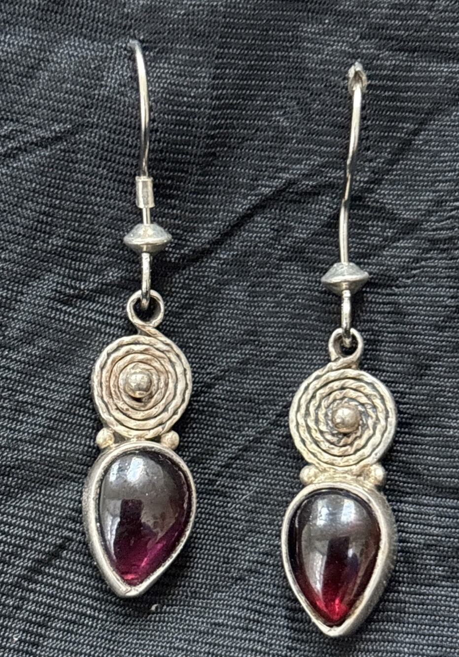 Sterling Silver & Garnet Dangle Drop Dangle Earrings Hook BOHO Artisan 1.5”